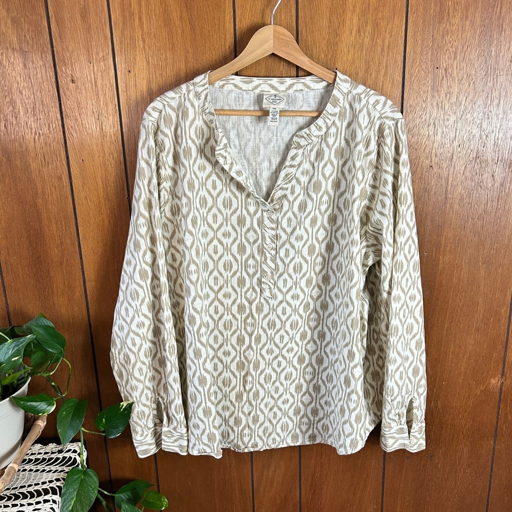 St Johns Bay Linen‎ Blend Ikat Tunic Blouse Tan White XXL Long Sleeve Roll Tab
